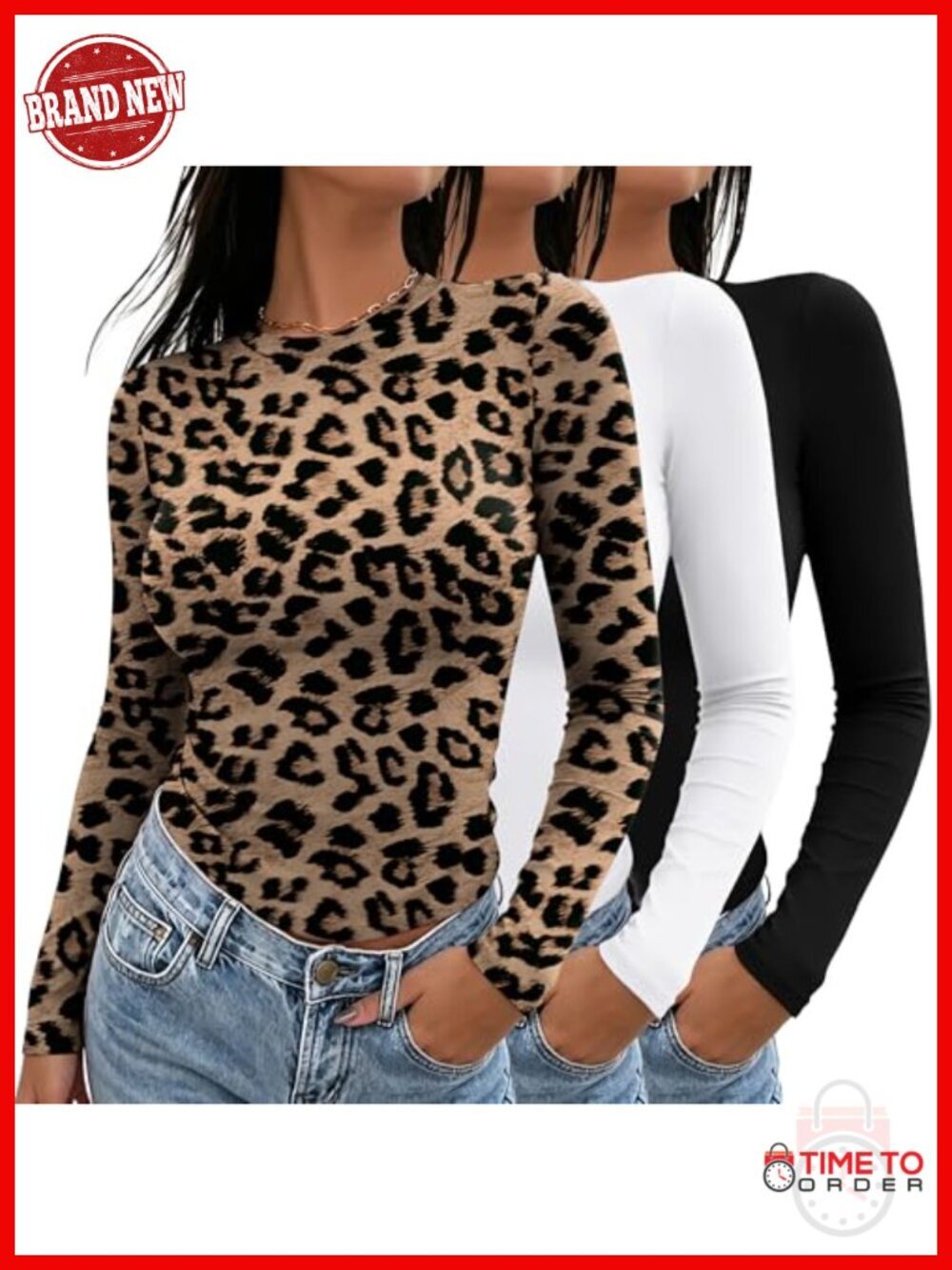 Long Sleeve Crew Neck Fitted Basic Tee 3 Pack Workout Tops